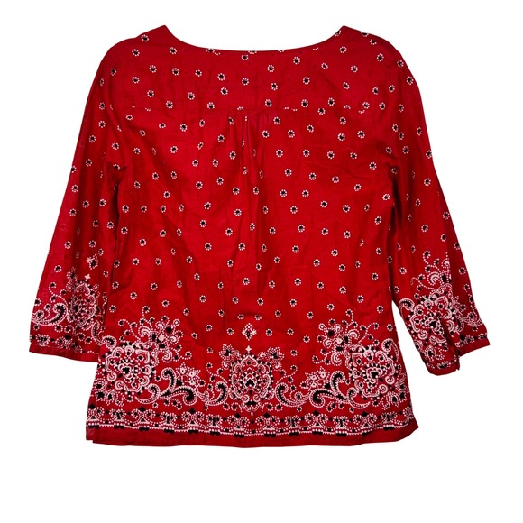 Talbots Top Womens Small Petite Red Bandana Print Tassel Neck 3/4 Sleeve Blouse - Picture 8 of 10